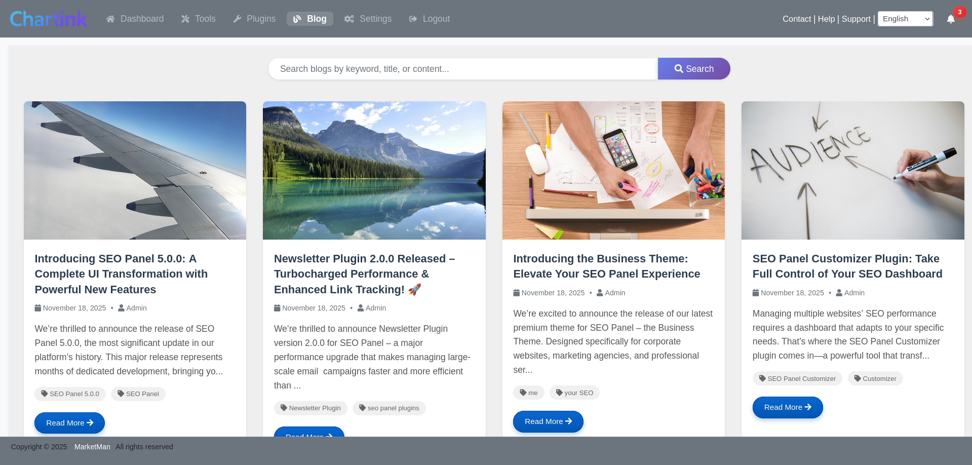 SEO Panel Customizer Blog Management list showing blog posts with status and link page