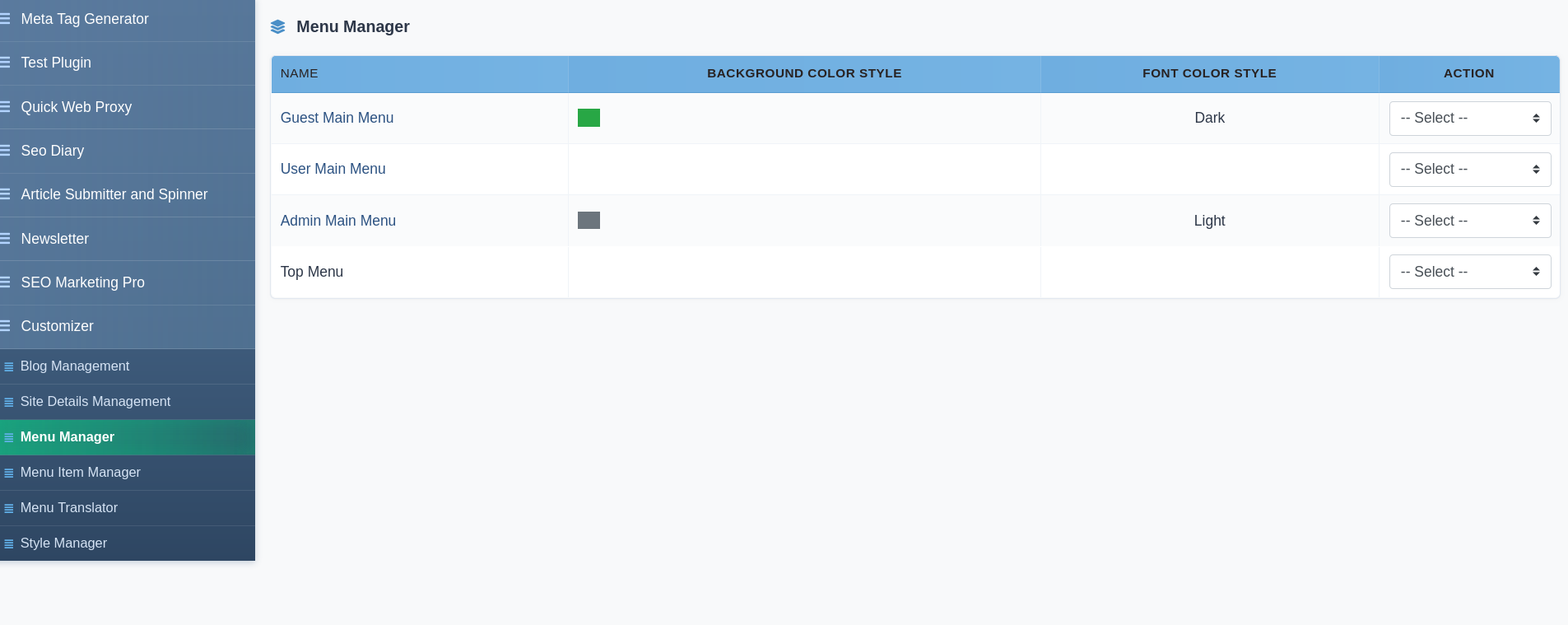 SEO Panel Customizer Menu Manager showing Guest, User, Admin and Top menus with colour options