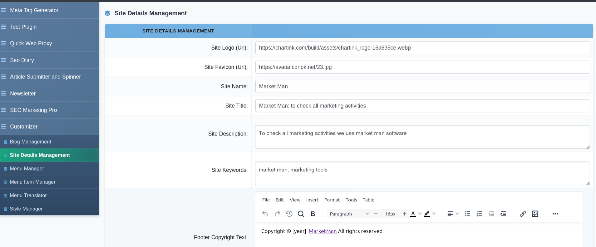 SEO Panel Customizer Site Details Management form showing logo, site name and social link fields