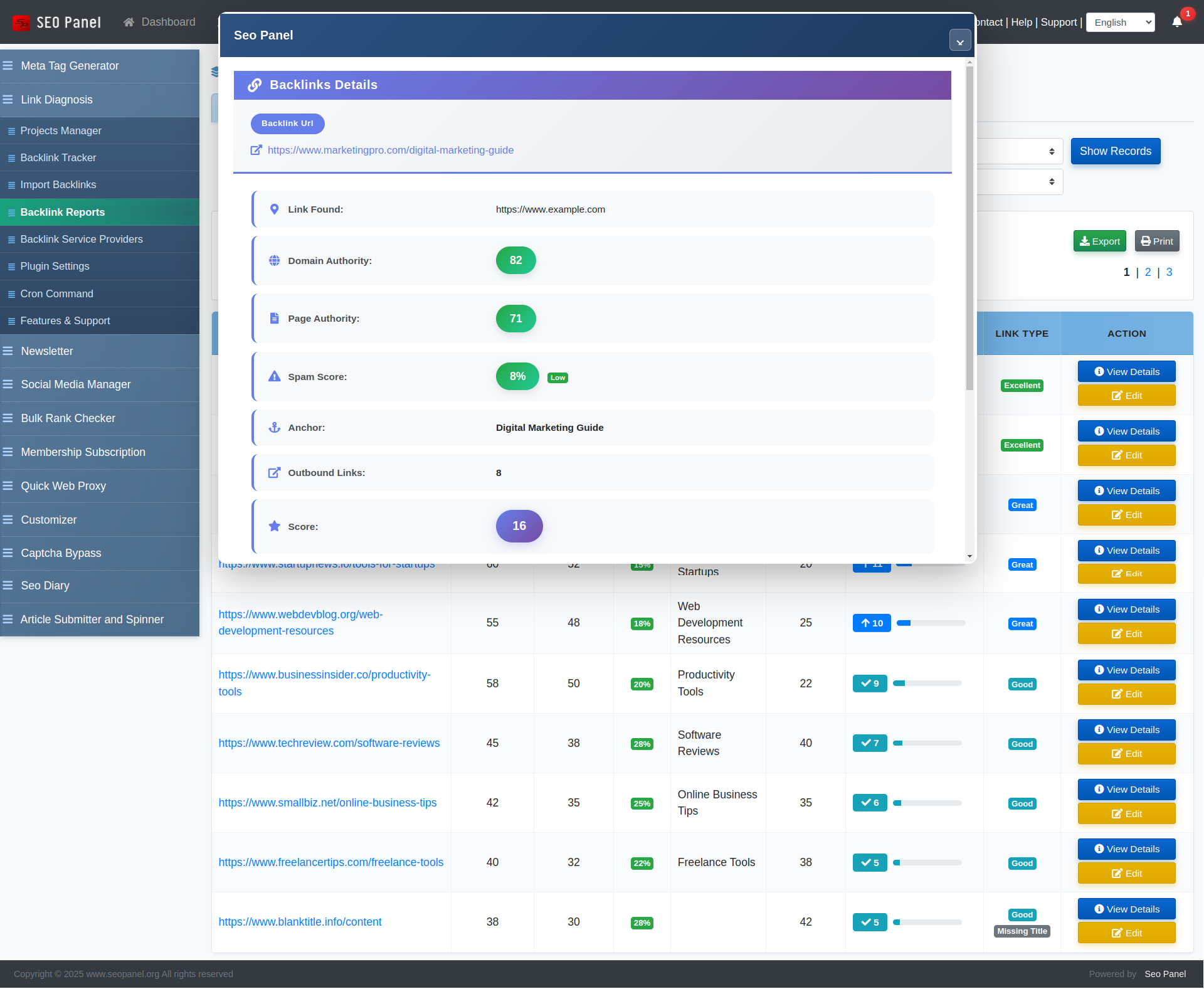 Link Diagnosis backlink detail view showing domain authority, anchor text and link attributes