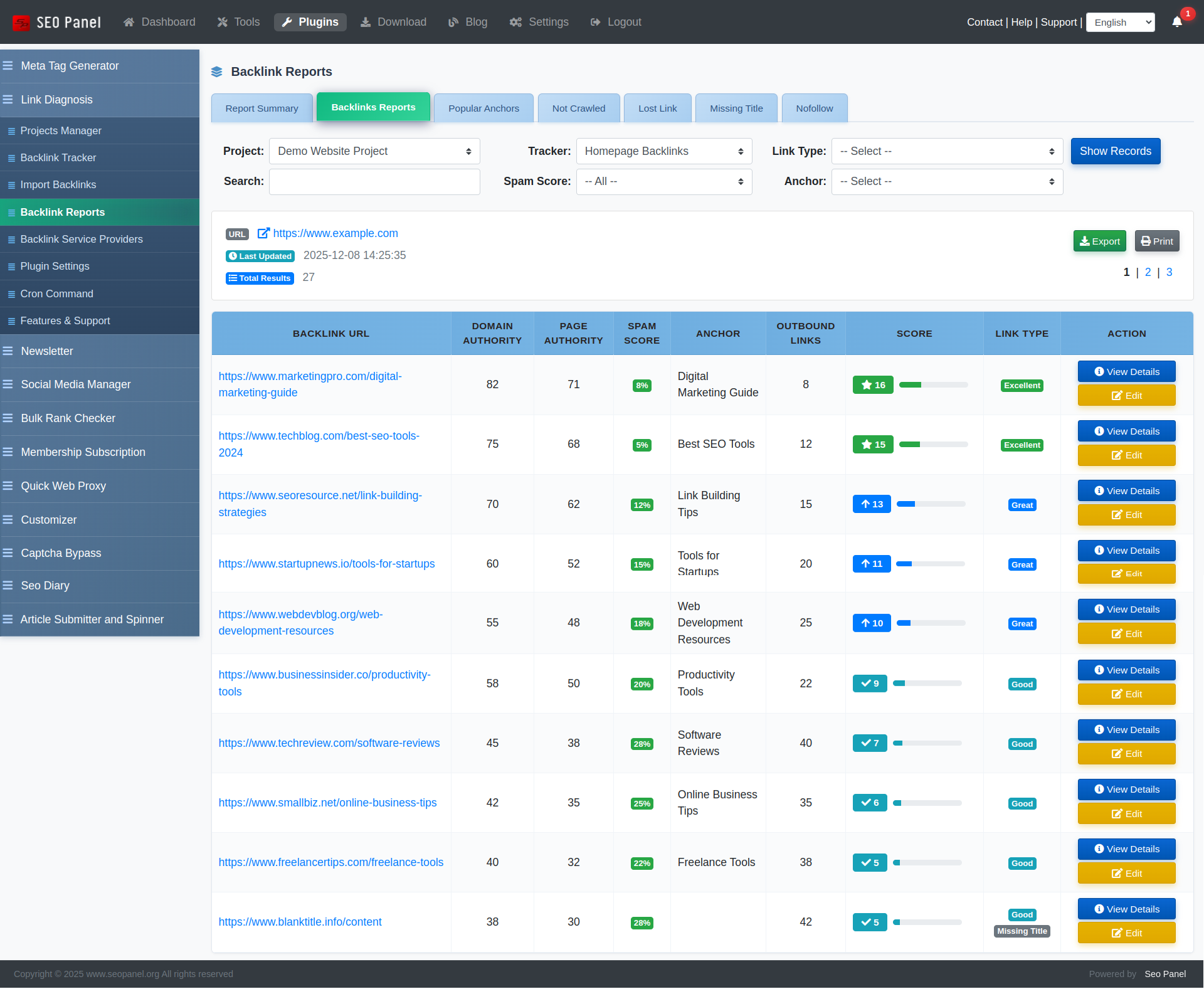 Link Diagnosis Backlink Reports view showing backlink list with anchor text, status and spam score