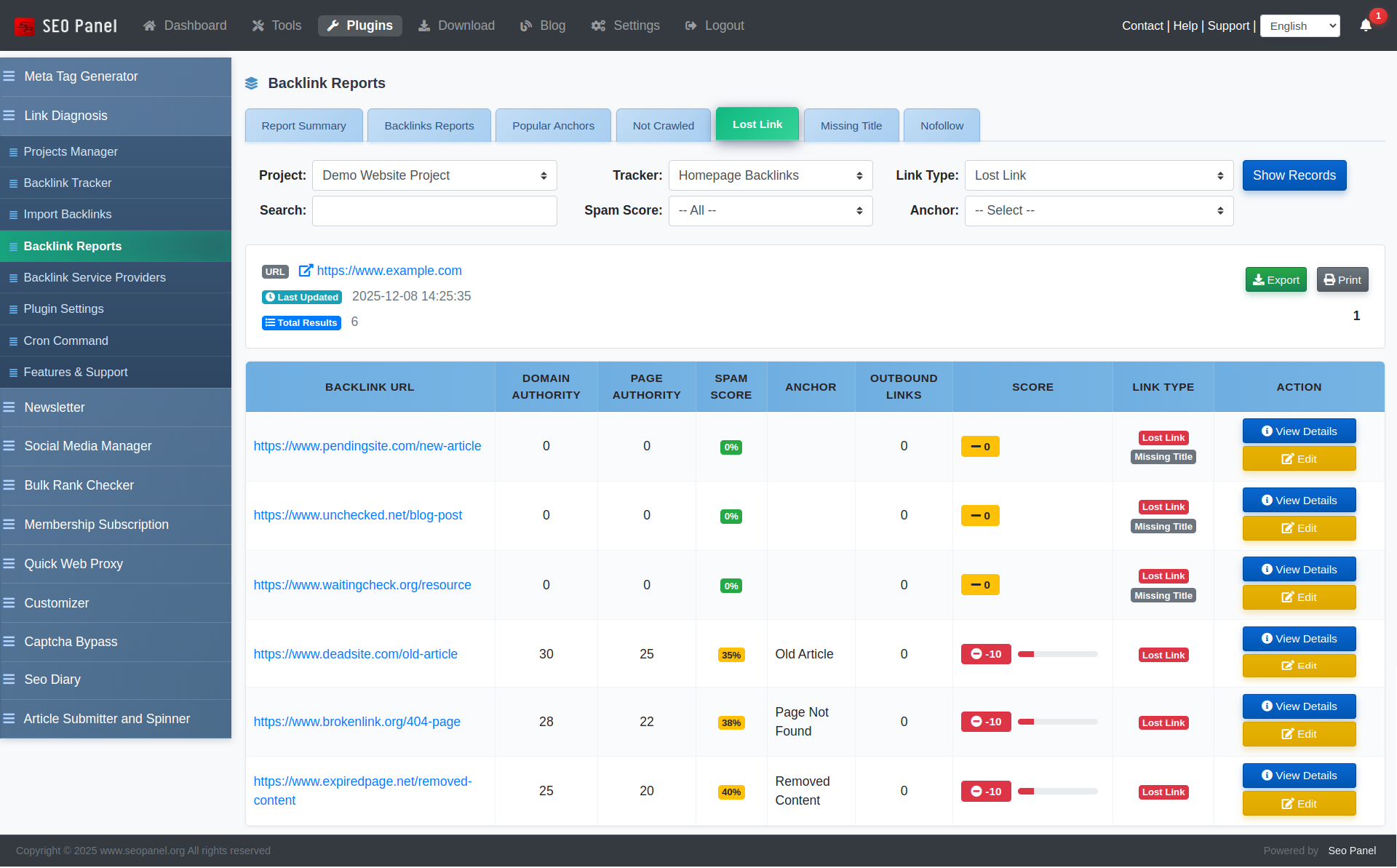 Link Diagnosis Lost Links report showing broken and missing backlinks with their last known status