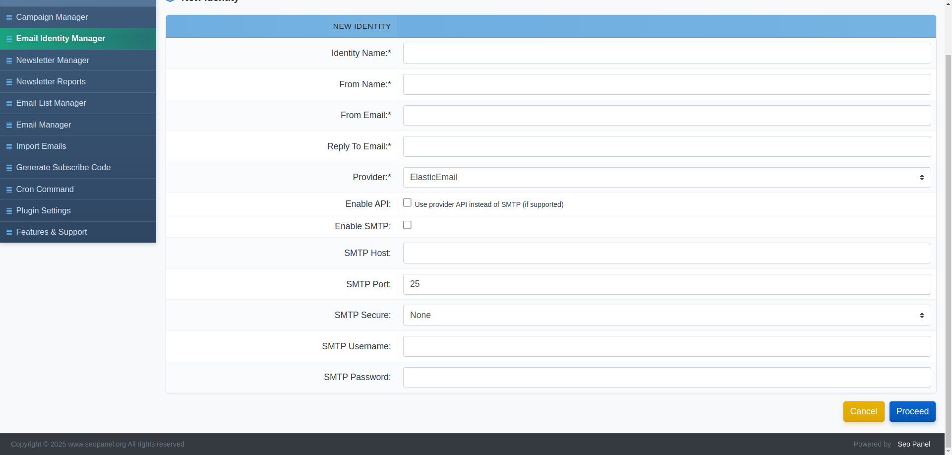 Newsletter Plugin Email Identity Manager showing sender name, email, provider, API and SMTP status