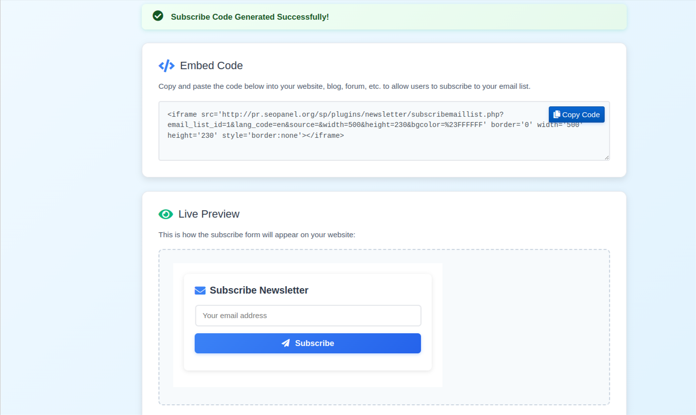 Newsletter Plugin Generate Subscribe Code showing embeddable iframe and HTML snippet