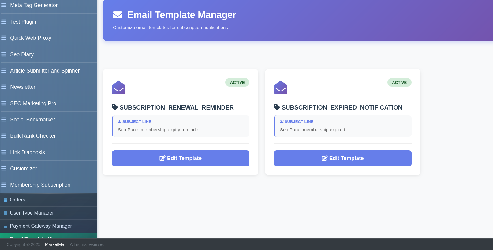 Membership Subscription Email Template Manager showing editable email templates for order confirmation and renewal