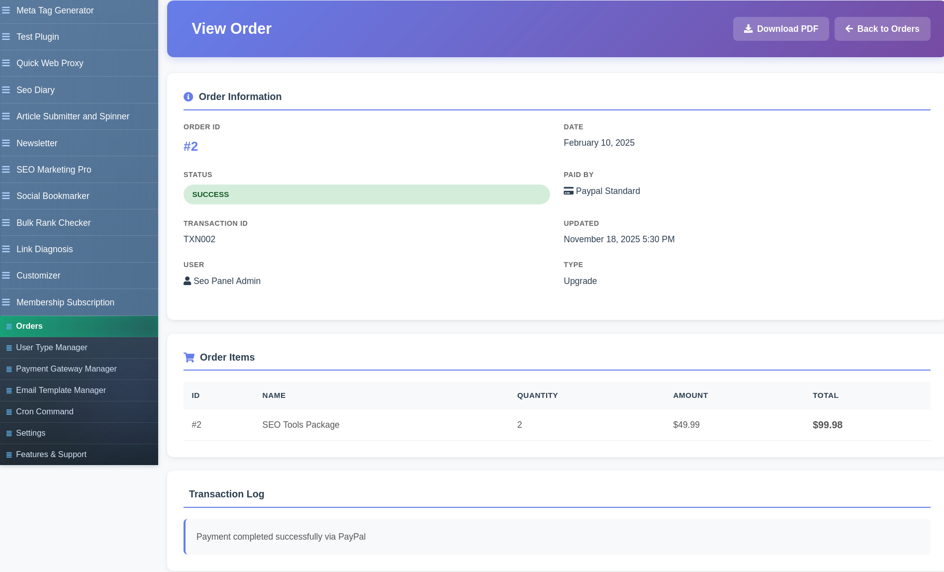Membership Subscription invoice showing order details, user information and payment summary