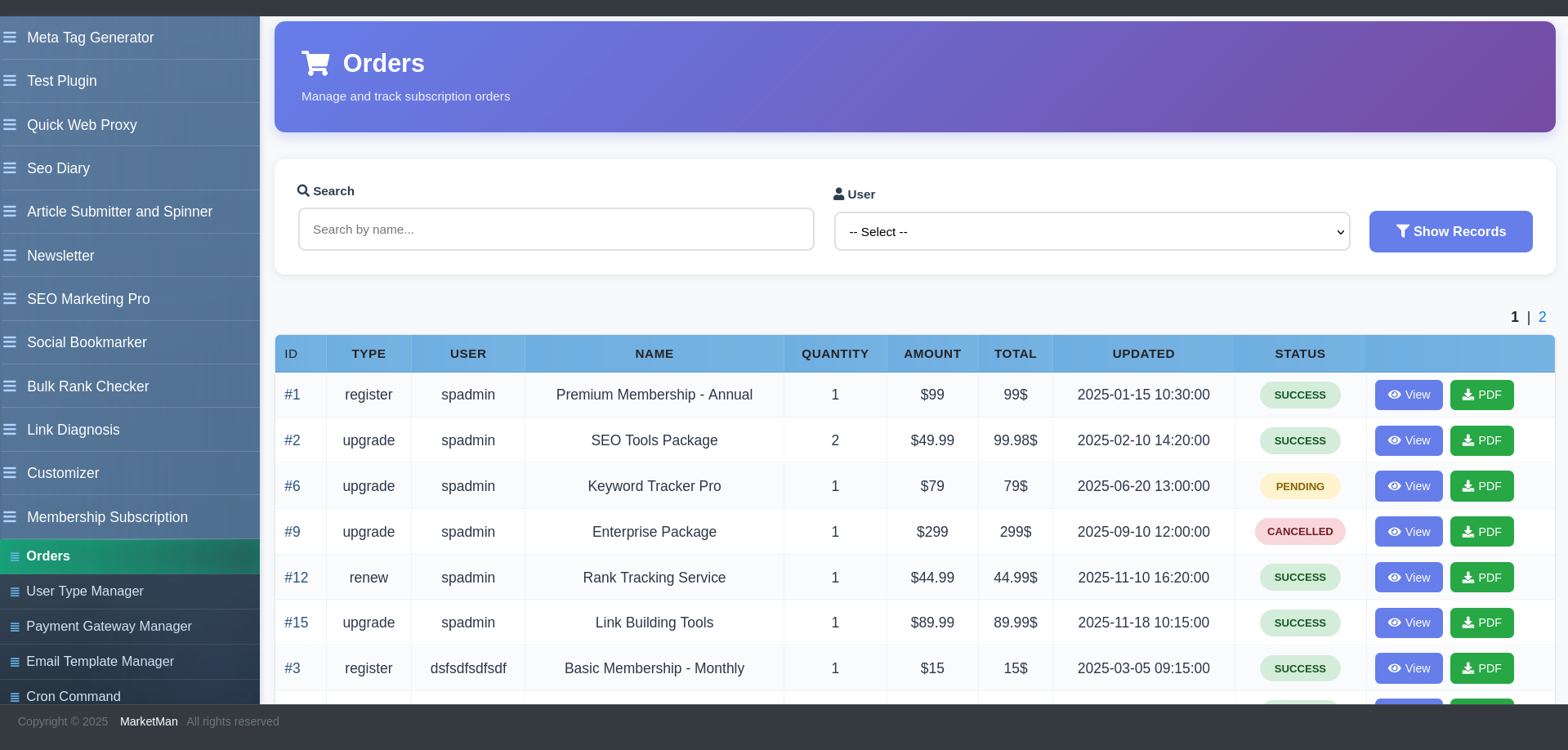 Membership Subscription Order Manager showing orders list with payment status, user and plan details