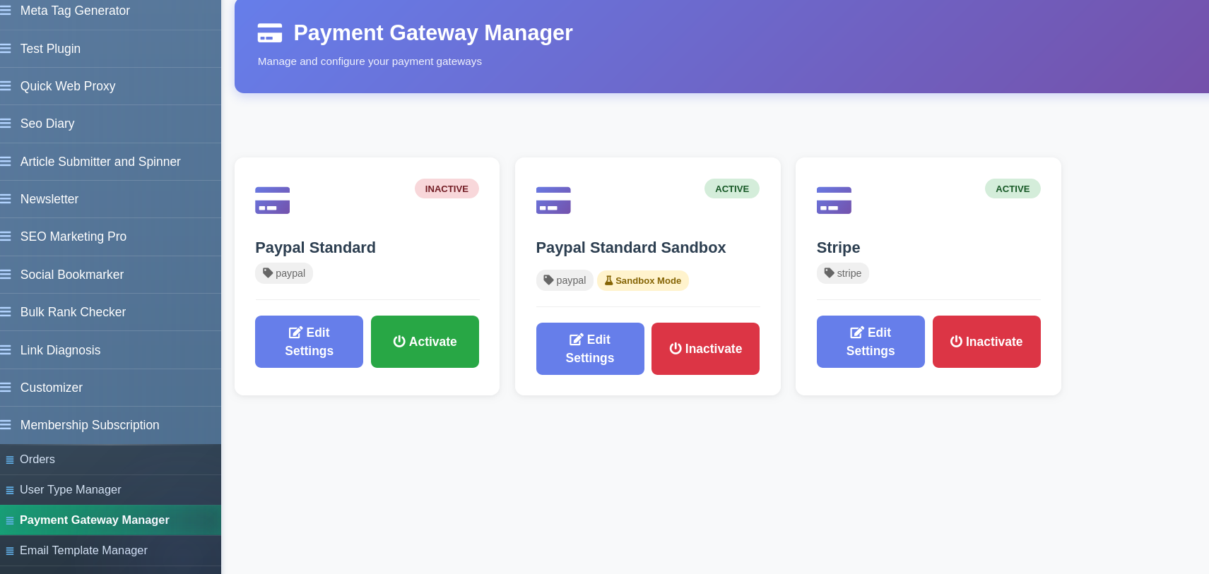 Membership Subscription Payment Gateway Manager showing PayPal and Stripe configuration cards