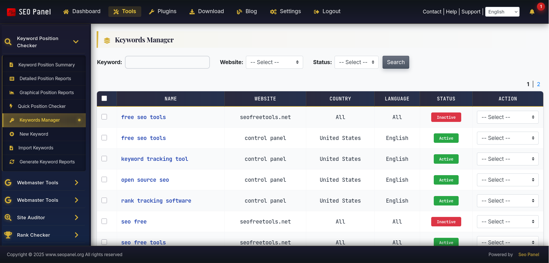 Business Theme SEO Tools section with gold-accented tables and enhanced UI elements